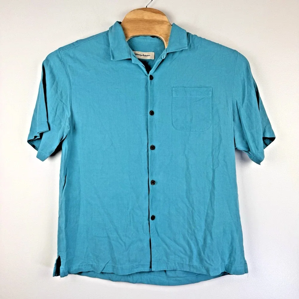 Tommy Bahama Men's Large Sea Blue 100% Silk Short Sleeve Camp Shirt Button Up - Picture 2 of 5